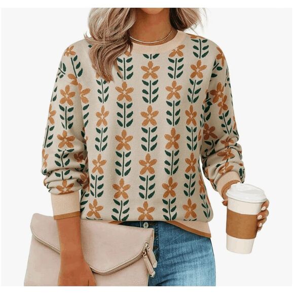 ZESICA Floral Colorblock Oversized Crewneck Sweater Pullover, SZ M - Picture 4 of 7